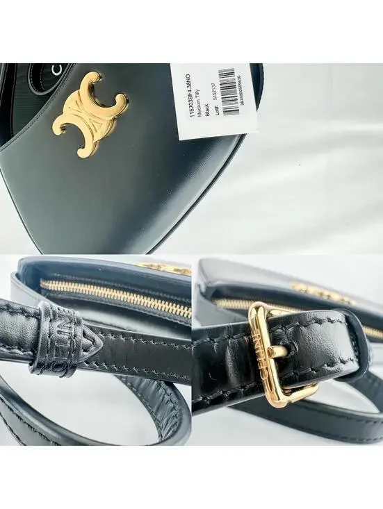 CELINE Medium Tilly Shoulder Bag Black Shiny Calfskin Triomphe - Picture 9 of 9